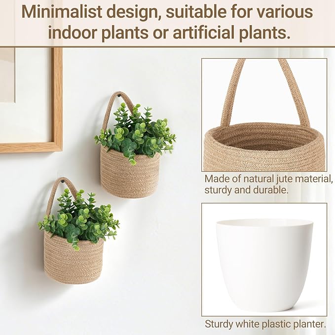 Dahey Small Hanging Baskets with Plastic Wall Planters Woven Wall Baskets for Indoor Plants Flowers, Boho Farmhouse Rustic Storage Organizer for Bedroom Living Dining Room Decor(No Plant Included)