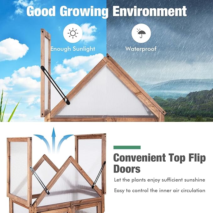 GRAFFY Wooden Cold Frame Greenhouse, Portable Raised Flower Planter Shelf with 3 Removable shelves and Transparent Flip-Top Roof, Mini Greenhouse Cabinet for Outdoor Indoor Use(27" L x 16" W x 58" H )