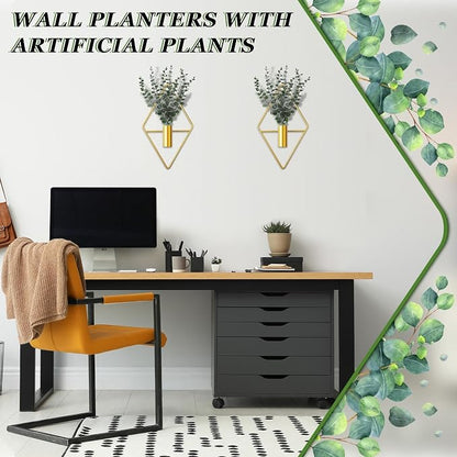 Jexine 4 Pcs Hanging Planters with Artificial Eucalyptus Metal Hanging Vase Indoor Plants Holder Modern Geometric Boho Bathroom Wall Decor for Living Room Home Office (Eucalyptus,Gold)