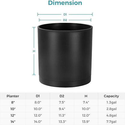 FaithLand 14-Inch Large Modern Cylinder Planter, Thick-Walled Plastic Plant Pot with Drainage Holes and Detachable Saucer, Matte Black, Ideal for Indoor & Outdoor Plants Flowers