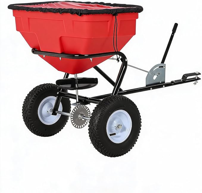 Tow Behind Broadcast Spreader, 125 LBS Large Capacity Universal Hook Tow & Push Lawn Spreader, 9.8 ft Spreading Width 30 Adjustable Settings, Compatible with UTV ATV Riding Mower & Most Tractors