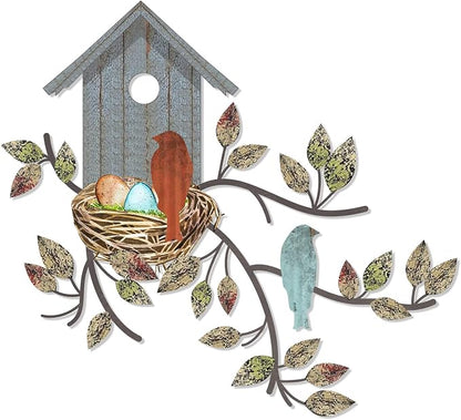 Peryiter Birds Wall Metal Decor Outdoor Art Hanging Metal Tree with Birdhouse for Living Room Tree Leaf Wall Decor for Indoor Outdoor Garden(Brown, Blue)