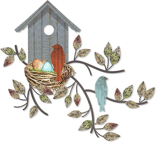Peryiter Birds Wall Metal Decor Outdoor Art Hanging Metal Tree with Birdhouse for Living Room Tree Leaf Wall Decor for Indoor Outdoor Garden(Brown, Blue)