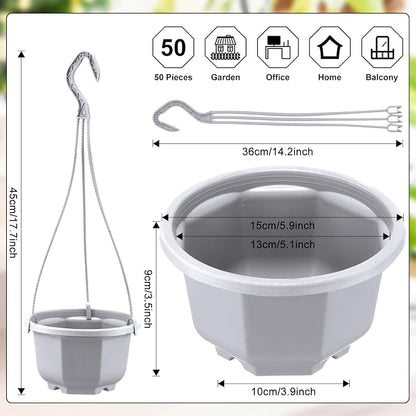 Roshtia 50 Pcs 5.9 inch Plastic Hanging Plant Pots with Hooks Flower Pots Baskets Outdoor Hanging Nursery Planter Holder for Home Garden Balcony Porch(Gray White, 5.9 inch)