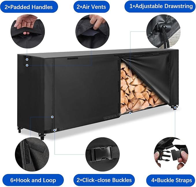 KALINCO 8FT Firewood Rack Cover, Heavy Duty 600D Waterproof Outdoor Firewood Storage Cover with Zipper and Hook Loop Tape (Log Rack not Included)