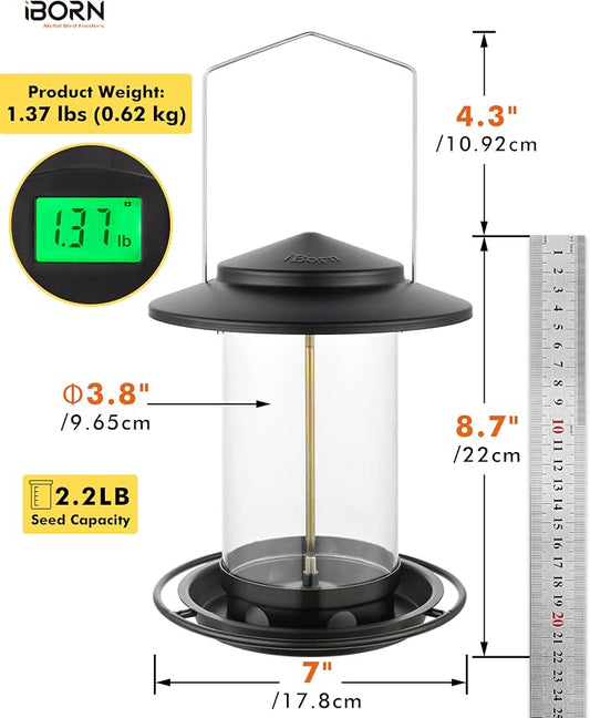 iBorn Metal Bird Feeders for Outdoors Hanging,Wild Bird Feeders for Cardinal,18cm Large Roof&Tray Black 6 Port (Seed is not Included)