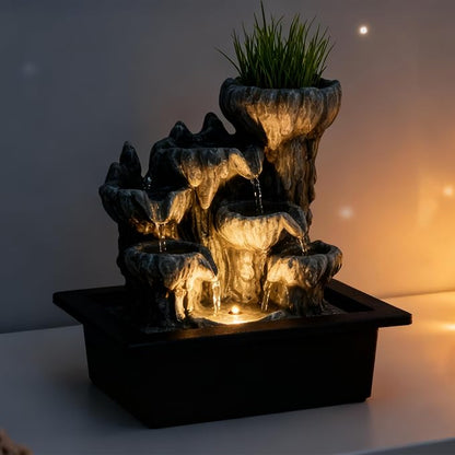 Indoor Cave Rock Waterfall Fountain with Warm Light,Tabletop Fountain with Planter Niche, Zen Water Feature for Home Office Desk Decor