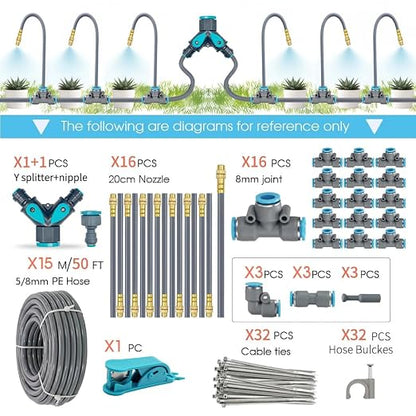 Drip Irrigation System, 50Ft 5/16 Inch Hose, 16 Adjustable Copper Nozzles, Automatic Atomizing Watering Kit for Greenhouse, Outdoor, Raised Bed, Lawn
