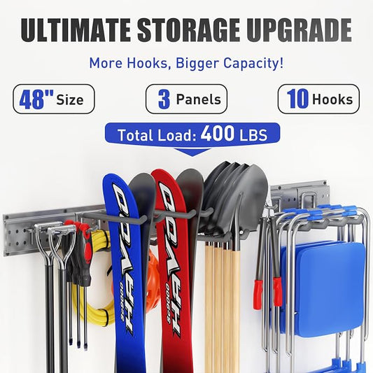 Garage Tool Organizer Wall Mount 49.5 inches with 10 Adjustable Heavy-Duty Hooks, Garage Organization, Garden Tool Storage Rack, Yard, and Shed, Holds Up to 400 lbs (Grey)