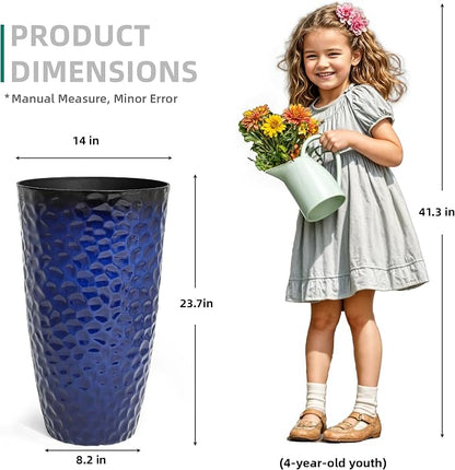23.75" Cobalt Blue Plastic Tall Planters with Honeycomb Texture | Set of 2 PP tall planters with cobalt blue honeycomb texture, drainage plugs, and UV-treated finish for porch or patio