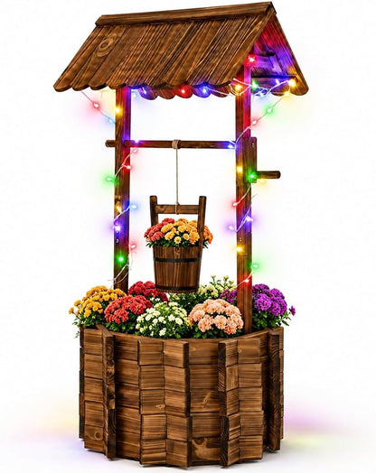 54" Outdoor Wooden Wishing Well Planter with Colorful LED Lights | Rustic fir wood decor with 11 light modes, 3 timer settings, adjustable bucket, drainage base, and liner for patio or yard