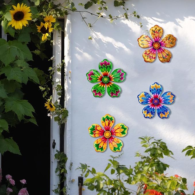 4-Pack Metal Flower Wall Decor, Outdoor Fence and Garden Art | Outdoor Wall Decor art, Easy To Hang, Ideal for outdoor fences, gardens, patios, yards and exterior walls