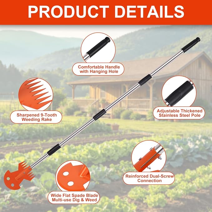 Weed Puller Tool with Long Handle, Upgraded Garden Weed Pulling Tool, Dual Purpose 9-Tine Weed Remover Tool, Uprooting Weeding Tool for Vegetable Gardening, Backyard Farm Planting