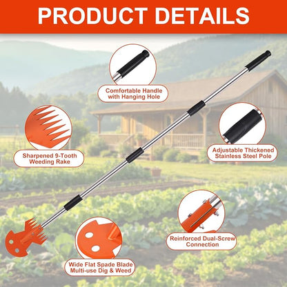 Weed Puller Tool with Long Handle, Upgraded Garden Weed Pulling Tool, Dual Purpose 9-Tine Weed Remover Tool, Uprooting Weeding Tool for Vegetable Gardening, Backyard Farm Planting