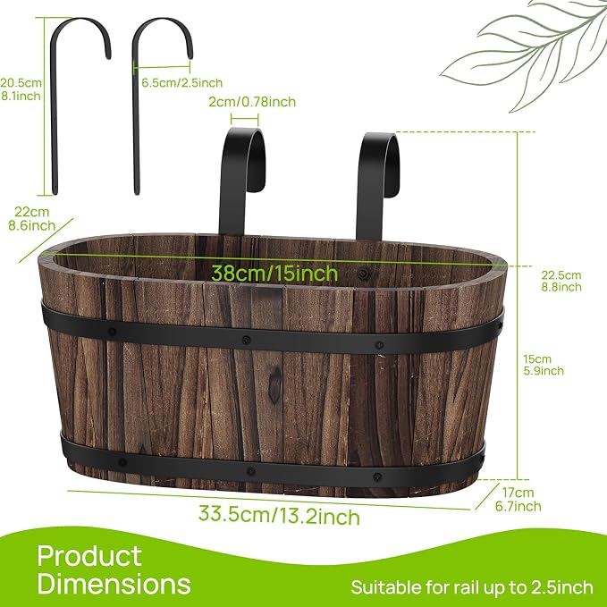 2PACK Railing Planter Box Wood Hanging Flower Pots for Railing Fence Outdoor Balcony Planters for Wall Window Flower Box Hanging Bucket Pots Countryside Plant Holder (Carbonized,2pcs,Large)