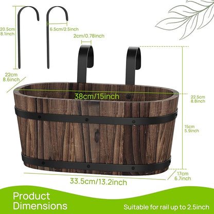 2PACK Railing Planter Box Wood Hanging Flower Pots for Railing Fence Outdoor Balcony Planters for Wall Window Flower Box Hanging Bucket Pots Countryside Plant Holder (Carbonized,2pcs,Large)