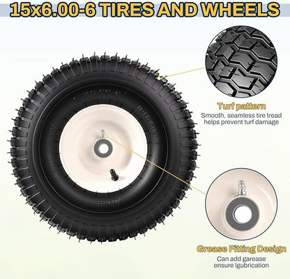 2PCS 15x6.00-6 Tire and Wheel Assembly, Replacement for John Deere Craftsman Husqvarna Riding Mowers, 4 Ply Tubeless Lawn Mower Tires 15x6x6, 500lbs Capacity, 3" Centered Hub, 3/4" Bushing