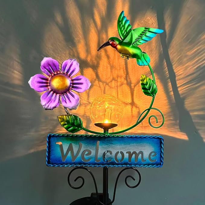 Hummingbird Garden Decorations for Outside, Solar Waterproof Stake Lights with Welcome Sign for Yard Lawn Patio Pathway, Warm Gifts for Mom Grandma Housewarming (Hummingbird)