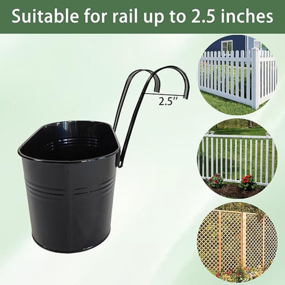 12" Balcony Railing Planters, Outdoor Hanging Planter for Fence, Stylish Metal Porch Deck Flower Pot for Herbs & Succulents (Black, Pack of 6)