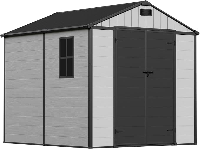 Greesum 8x8FT Resin Shed with Floor, All-Weather Resistance, Light Gray | All-Weather Protection (Rain/Snow/UV) | Sloped Leak-Proof Roof | Heavy-Duty Reinforced Base | Lockable & Well-Ventilated
