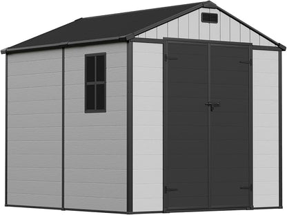 Greesum 8x8FT Resin Shed with Floor, All-Weather Resistance, Light Gray | All-Weather Protection (Rain/Snow/UV) | Sloped Leak-Proof Roof | Heavy-Duty Reinforced Base | Lockable & Well-Ventilated