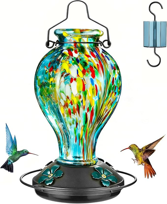 Hand Blown Glass Hummingbird Feeders for Outdoors Hanging, 24oz Wild Bird Nectar Feeder with Ant Moat and Perch, Bee-Resistant Ports, Garden Decor, Gifts for Women Mom, 1 Pack, Blue Fireworks