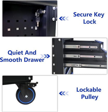 7-Drawer Rolling Tool Chest, Iron Top for Garage, Black&Blue | Heavy Duty Mobile Tool Cabinet with Drawers, Large Metal Tool Box Organizer for Repair Shop and Storage