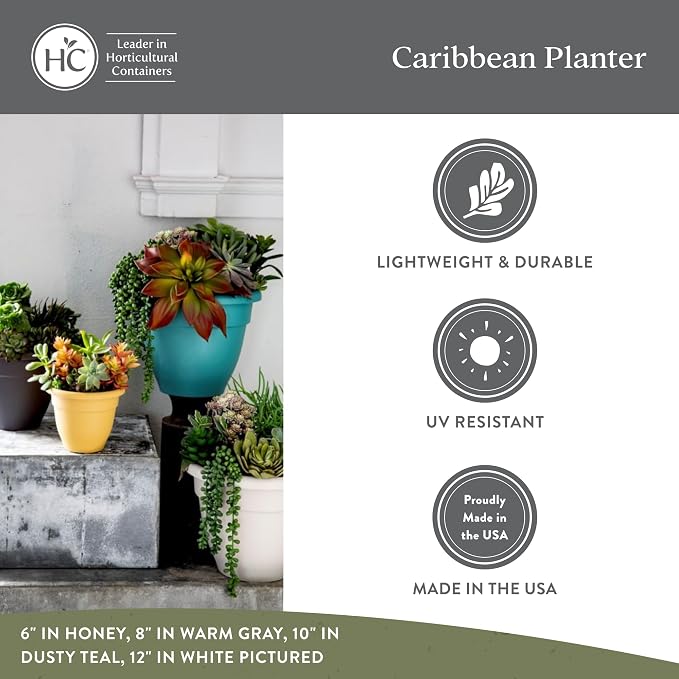 The HC Companies 6 Inch Caribbean Planter Pots with Drainage & Plug, Rolled Rim Plastic Planters for Indoor Outdoor Plants, 4-Pack Decorative Flower Pots for Garden, Office & Home Decor, Cottage Stone