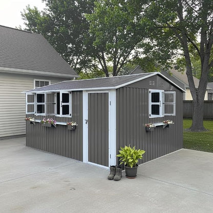 KEIKI 12x10 FT Outdoor Metal Storage Shed with 3 Clear Windows, Flower Rack Lockable Single Door Heavy Duty Steel Tool Shed Waterproof Rust Resistant Windproof for Backyard Garden Patio, Grey