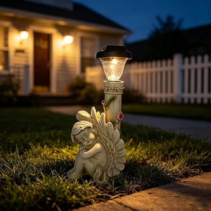Angel Statue with Solar Light,White 12.9IN | Resin Solar Statues Outdoor Decorations for Home Patio Lawn Yard Balcony, Gift For Mom/Grandma/Garden Lovers