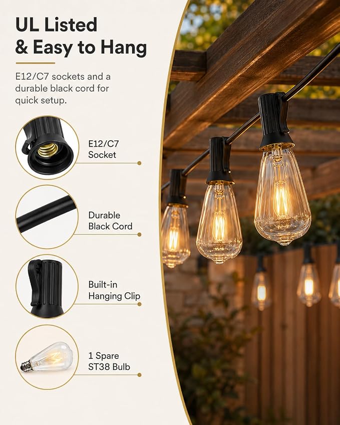 10FT ST38 Outdoor Edison String Lights with11 Clear Vintage Light Bulbs | Clear Glass ST38 Bulbs, Warm Vintage Glow, E12 base, UL-listed cord and End-to-End Connection for Porch Patio Decor
