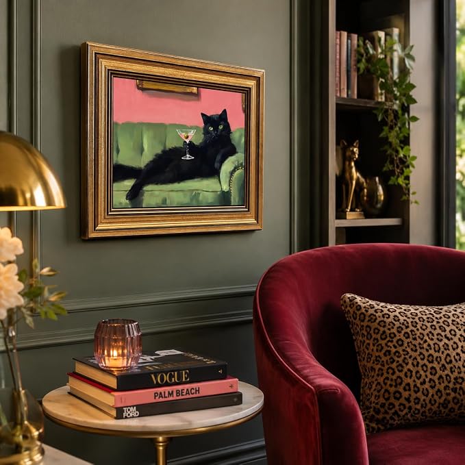 Devunaty Vintage Gold Framed Black Cat Martini Wall Art, Cocktail Bar Cart Wall Decor, Funny Cat On Green Sofa Canvas Print, Eclectic Whimsical Painting Picture For Bedroom Living Room Decor 16"x24"