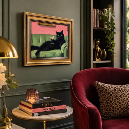 Devunaty Vintage Gold Framed Black Cat Martini Wall Art, Cocktail Bar Cart Wall Decor, Funny Cat On Green Sofa Canvas Print, Eclectic Whimsical Painting Picture For Bedroom Living Room Decor 16"x24"