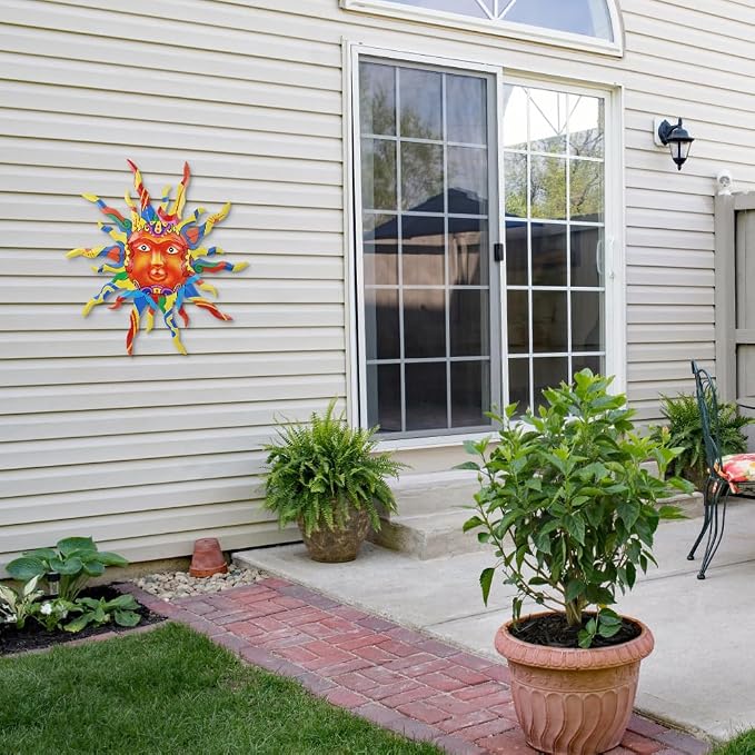 VEWOGARDEN Metal Sun Wall Decor, 30" Large Outdoor Metal Wall Art for Home Outside Patio Garden Fence Decorations, Colored