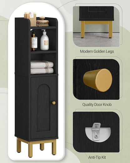 Hzuaneri Bathroom Storage Cabinet, Small Corner Floor Cabinet with Door and Shelves, Narrow Toilet Paper Holder, Bathroom Organizer with Adjustable Shelf, for Small Spaces, Black BC08206X