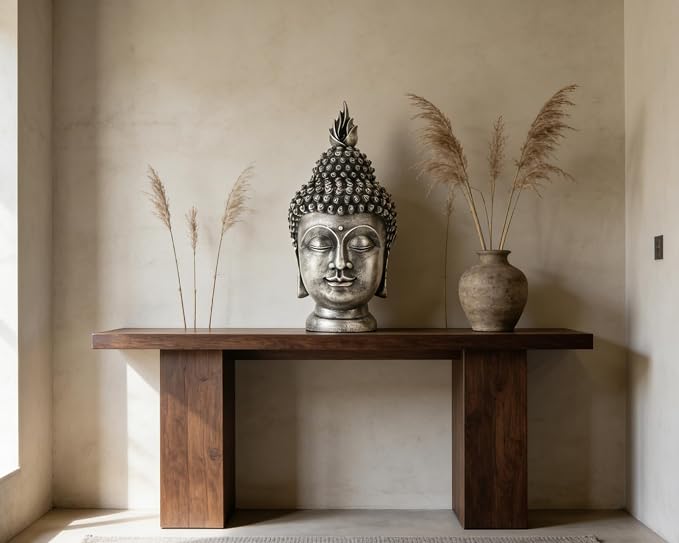 Buddha Head Statue Zen Meditation Decoration, 11 inch Resin Antique Silver Buddha Head Statue for Buddhist Spiritual Altar Decoration Buddhism Gifts