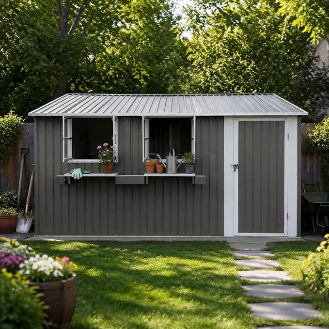 KEIKI 12x10 FT Outdoor Metal Storage Shed with 3 Clear Windows, Flower Rack Lockable Single Door Heavy Duty Steel Tool Shed Waterproof Rust Resistant Windproof for Backyard Garden Patio, Grey