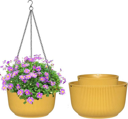 RooTrimmer Hanging Planters 9/10/11 Inch for Indoor Plants, 3 Pack Plant Hanger Outdoor with Drainage Holes, Self Watering Hanging Basket Flower Pot for Garden Home Decor, Yellow