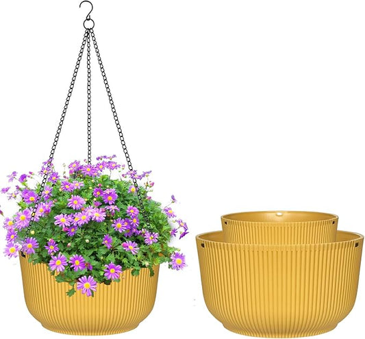 RooTrimmer Hanging Planters 9/10/11 Inch for Indoor Plants, 3 Pack Plant Hanger Outdoor with Drainage Holes, Self Watering Hanging Basket Flower Pot for Garden Home Decor, Yellow