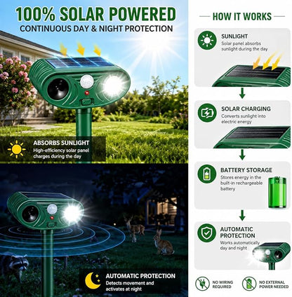 Sonic Fortress Pro Deer Repellent Solar Animal Repellent Outdoor (4pack) | Solar Animal Repellent with PIR Sensor & Flashing Light, Deer Rabbit Squirrel Raccoon Cat Deterrent for Yard Garden Farm