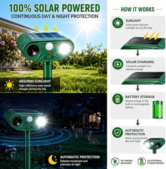 Sonic Fortress Pro Deer Repellent Solar Animal Repellent Outdoor (4pack) | Solar Animal Repellent with PIR Sensor & Flashing Light, Deer Rabbit Squirrel Raccoon Cat Deterrent for Yard Garden Farm
