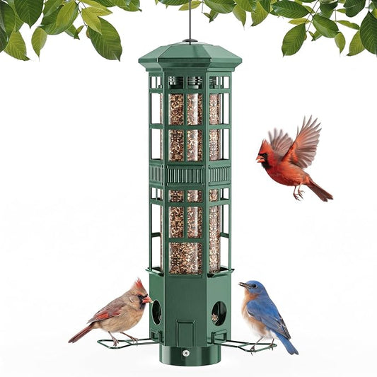 Squirrel Proof Bird Feeder, Chew-Resistant Metal Hanging Bird Feeder for Outdoors Gravity Spring Mechanism, 3 Feeding Ports, 3LB Large Capacity, Weatherproof Design for Wild Birds