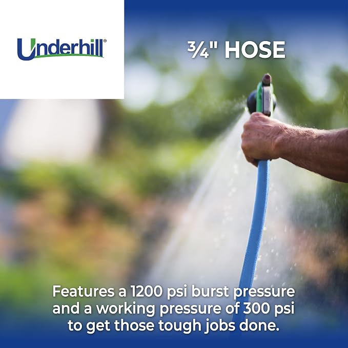 Underhill UltraMax Commercial Garden Water Hose, Lightweight, Heavy-Duty, Flexible, Anti-Kink, 1200 psi, H75-125B, ¾ Inch x 125 ft, Blue