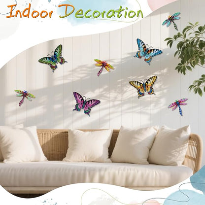 DEWEL 8 Pcs Metal Garden Decor for Outside, Butterfly Dragonfly Wall Decor Outdoor Wall Art, Colorful Hanging Decorations Wall Decor for Garden Fence Patio Yard, Great Gift Choice