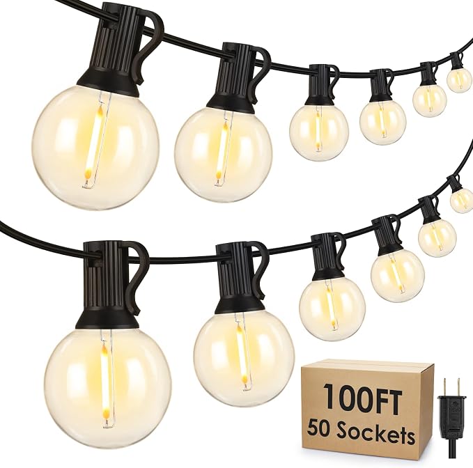 Mlambert 100Ft LED Outdoor String Lights, Dimmable Patio Lights, Waterproof Shatterproof 53 G40 Globe Bulb String for Backyard Bistro-Black 1 Pack