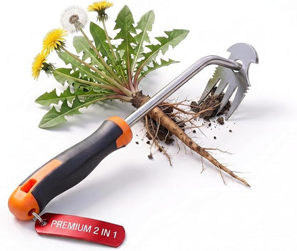 Premium Weed Puller Tool, 2-in-1 Garden Weeder Hand, Stainless Steel Gardening Accessories with 4 Sharp Teeth Remover, Weeding Supplies for Landscaping Essentials (Rubber Handle)