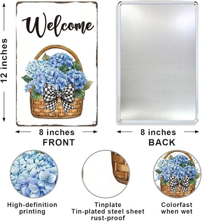 Blue Hydrangea Welcome Metal Tin, Welcome Sign | Spring Summer Wall Art for Outside Porch Garden Yard Patio Wall Decor