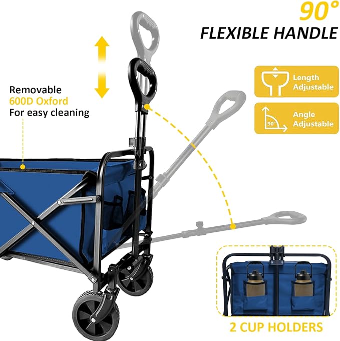 Garden Cart Folding Wagon with Small Wheel, Collapsible Outdoor Wagon Cart Heavy Duty with Universal Wheels & Adjustable Handle, Utility Grocery Wagon for Camping Shopping, Sports - Navy Blue