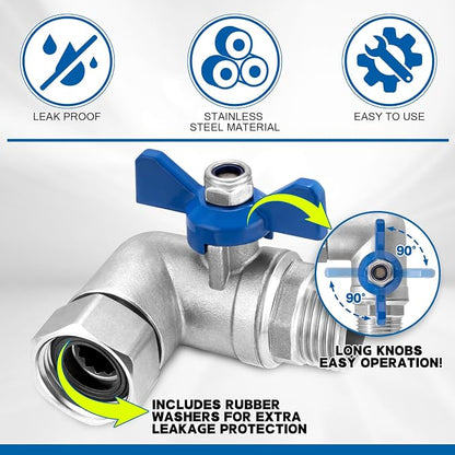 Heavy Duty 304 Stainless Steel 90 Degree Hose Elbow Connector, 3/4" GHT 90 Degree Garden Hose Elbow with Shut-Off Valve for Backyard, Garden Hoses, Outdoor Faucets, RVs(2 Packs)