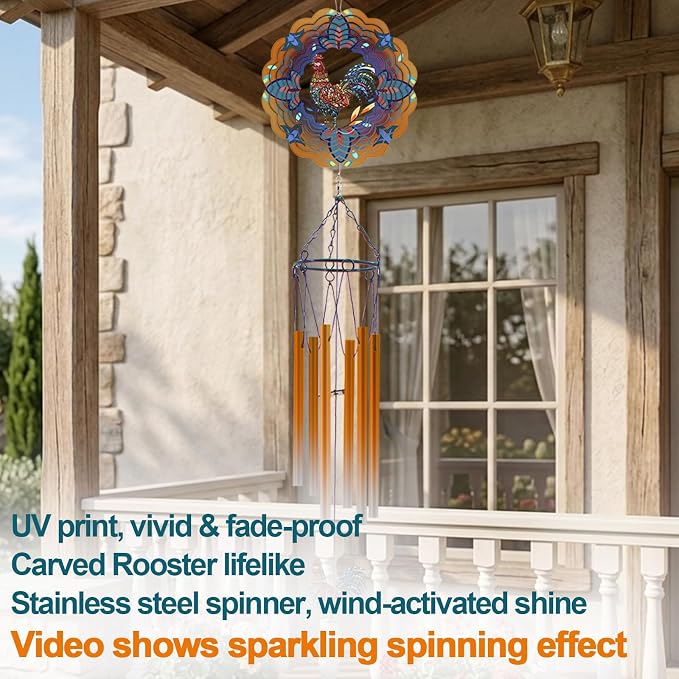 Wind Chimes with Rooster Wind Spinner, Chicken Gifts for Men, Women, Retirement, Teacher, Parents - Outdoor Hanging Decor Clearance for Garden, Patio, Backyard Or Porch